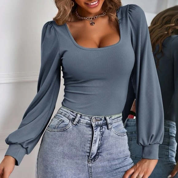 NWOT Slate blue scoop-neck ribbed-knit long bishop sleeved shirt - Picture 4 of 4